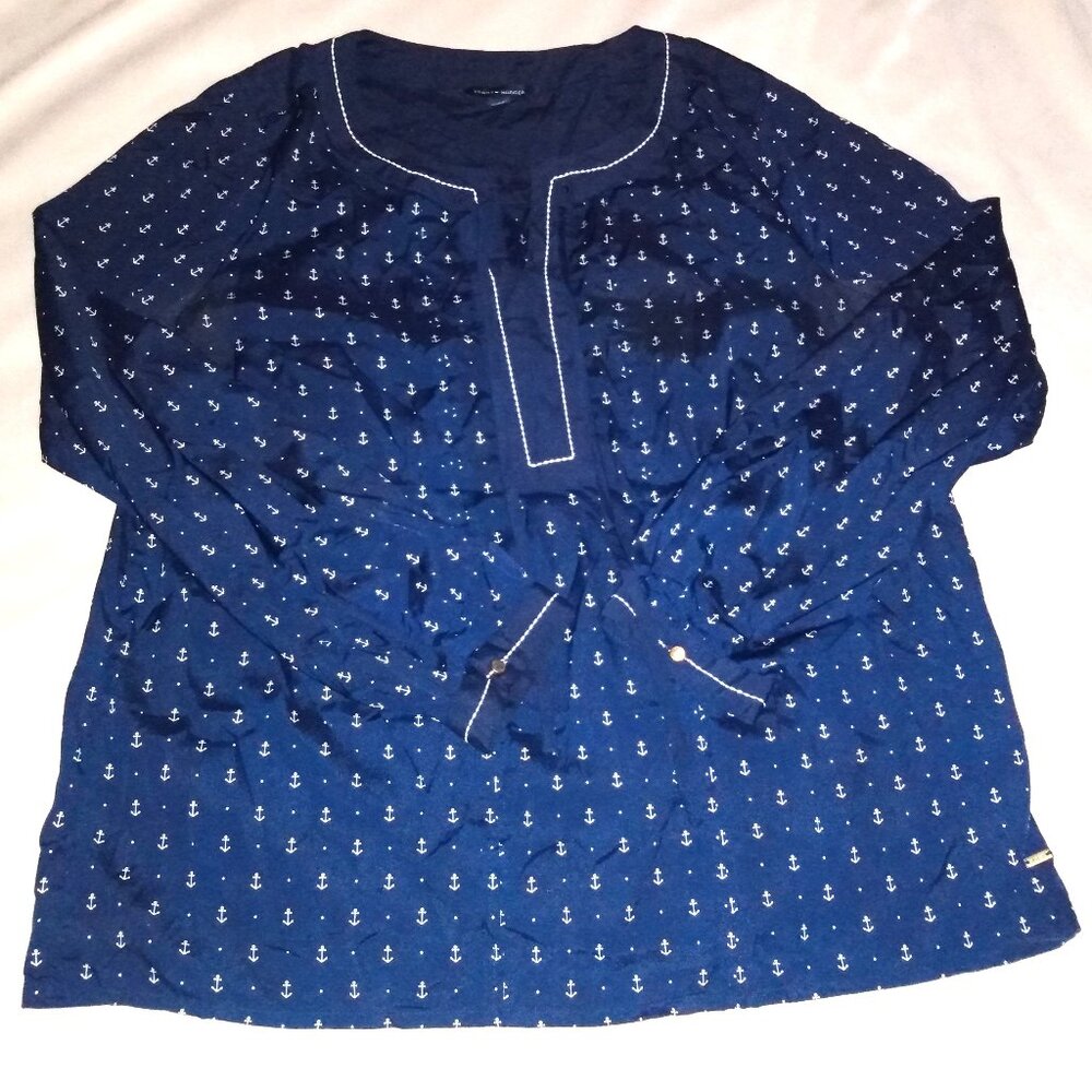 Navy Blue Anchor Print Blouse